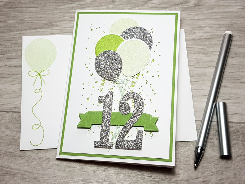 12th Birthday Card, Gender Neutral Celebation Card, Greeting Card with Green Balloon Design. Grün