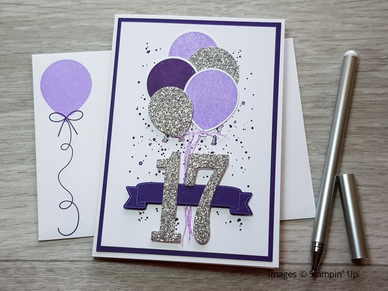 16th Birthday Card, Gender Neutral Celebation Card, Greeting Card with Pink Balloon Design. Purple