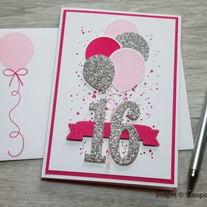 12th Birthday Card, Gender Neutral Celebation Card, Greeting Card with Green Balloon Design. Hot Pink