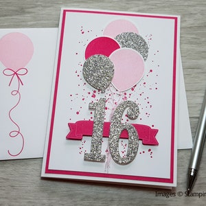 17th Birthday Card, Gender Neutral Celebration Card, Greeting Card with Purple Balloon Design. Hot Pink