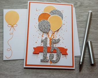 15th Birthday Card, Gender Neutral Celebation Card, Greeting Card with Orange Balloon Design.