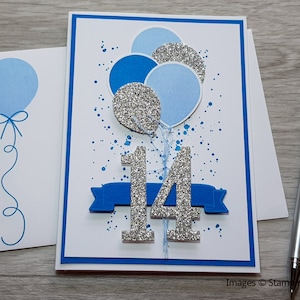 17th Birthday Card, Gender Neutral Celebration Card, Greeting Card with Purple Balloon Design. Blue