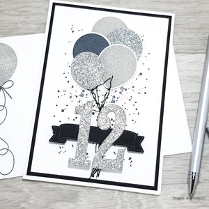 12th Birthday Card, Gender Neutral Celebation Card, Greeting Card with Green Balloon Design. Black