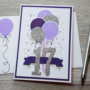 18th Birthday Card, Gender Neutral Celebation Card, Greeting Card with Dark Pink Balloon Design. Purple