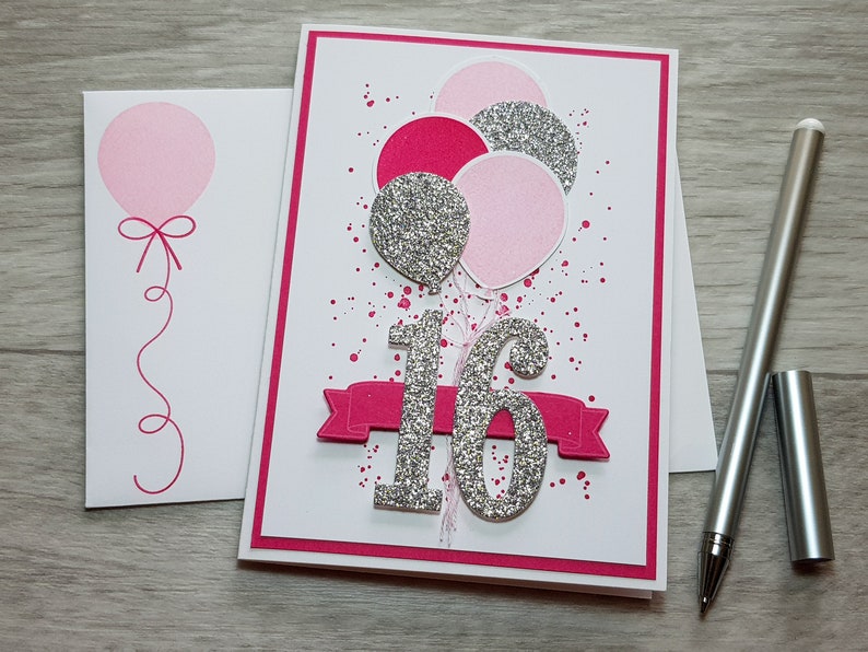 16th Birthday Card, Gender Neutral Celebation Card, Greeting Card with Pink Balloon Design. Hot Pink