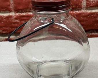 Antique Handled Mason Jar with Bulge Body, Vertical Ridges, Red Screw Lid