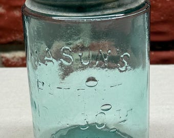 Antique Blue Mason Jar, 1858 Patent, Zinc Lid A, Bubble Glass, No. 6 Base