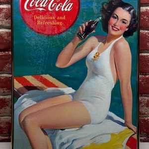 Vintage 1937 Coca-Cola Replica Wall Art | 16x20 Framed Coke Girl Print | Retro Pin-Up Poolside Ad | Delicious & Refreshing Décor