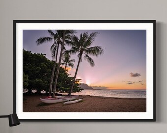 Kauai Sunset Photography Print: Hanalei Bay Palm Trees, Outrigger Canoe (Digital Download)
