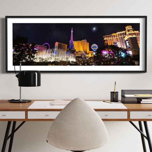 Las Vegas City Sky Line, Bellagio Fountain Show Photography, Las Vegas Nevada Wall Art, Las Vegas Strip Lights, Night City Panoramic