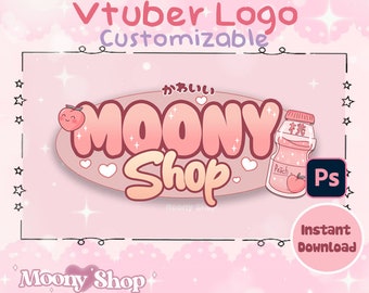 Pode incluir: Design de logotipo rosa e branco para uma loja chamada "Moony Shop" com o texto japonês "kawaii" acima do nome. O logotipo apresenta um pêssego, uma garrafa de suco de pêssego e corações.