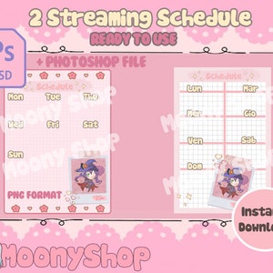 Peut inclure: Un modèle de planning de streaming imprimable rose et blanc avec une illustration de personnage de sorcière. Le modèle comprend un planning hebdomadaire avec les jours de la semaine et un planning séparé avec les jours de la semaine en espagnol. Le texte "2 Streaming Schedule" et "Ready to Use" est en haut du modèle. Le texte "Photoshop File" et "PNG Format" est en bas du modèle.