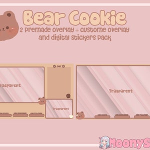 Può includere: Un download digitale di due sovrapposizioni predefinite e una sovrapposizione personalizzata per lo streaming, con un design carino di un biscotto a forma di orso marrone. Le sovrapposizioni hanno uno schema di colori rosa e marrone con il testo "Trasparent" su ogni sovrapposizione. Il download include anche un pacchetto di adesivi digitali.