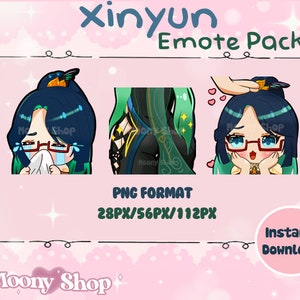 May include: A set of three digital emoticons featuring a cartoon character with blue hair, green eyes, and glasses. The character is wearing a green and gold outfit. The emoticons are in PNG format and available in 28px, 56px, and 112px sizes.
