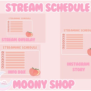 May include: A pink and white digital graphic design template for a social media stream schedule. The template features a peach graphic, the text "STREAM SCHEDULE", and the text "STREAM OVERLAY".