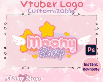 Könnte beinhalten: Ein rosa und gelbes Logo mit dem Text "Moony Shop" in einer rosa, umrandeten Schrift. Das Logo ist von Sternen und Herzen umgeben. Der Text "Vtuber Logo Customizable" erscheint über dem Logo. Der Text "Sofortiger Download" erscheint in einem rosa Kreis in der unteren rechten Ecke des Bildes.