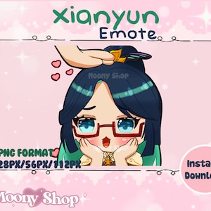 May include: A digital illustration of a cartoon character with blue hair, wearing glasses and a green and gold outfit. The character is blushing and has hearts around their head. The text "xianyun Emote" is at the top of the image. The text "Moony Shop" appears twice in the image. The text "PNG FORMAT 28PX/56PX/112PX" is at the bottom left of the image. The text "Instant Download" is at the bottom right of the image.