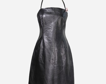 Bad Ass 70s 80s Leather Dress   Black Leather Dress with Zippers  Biker Military size S