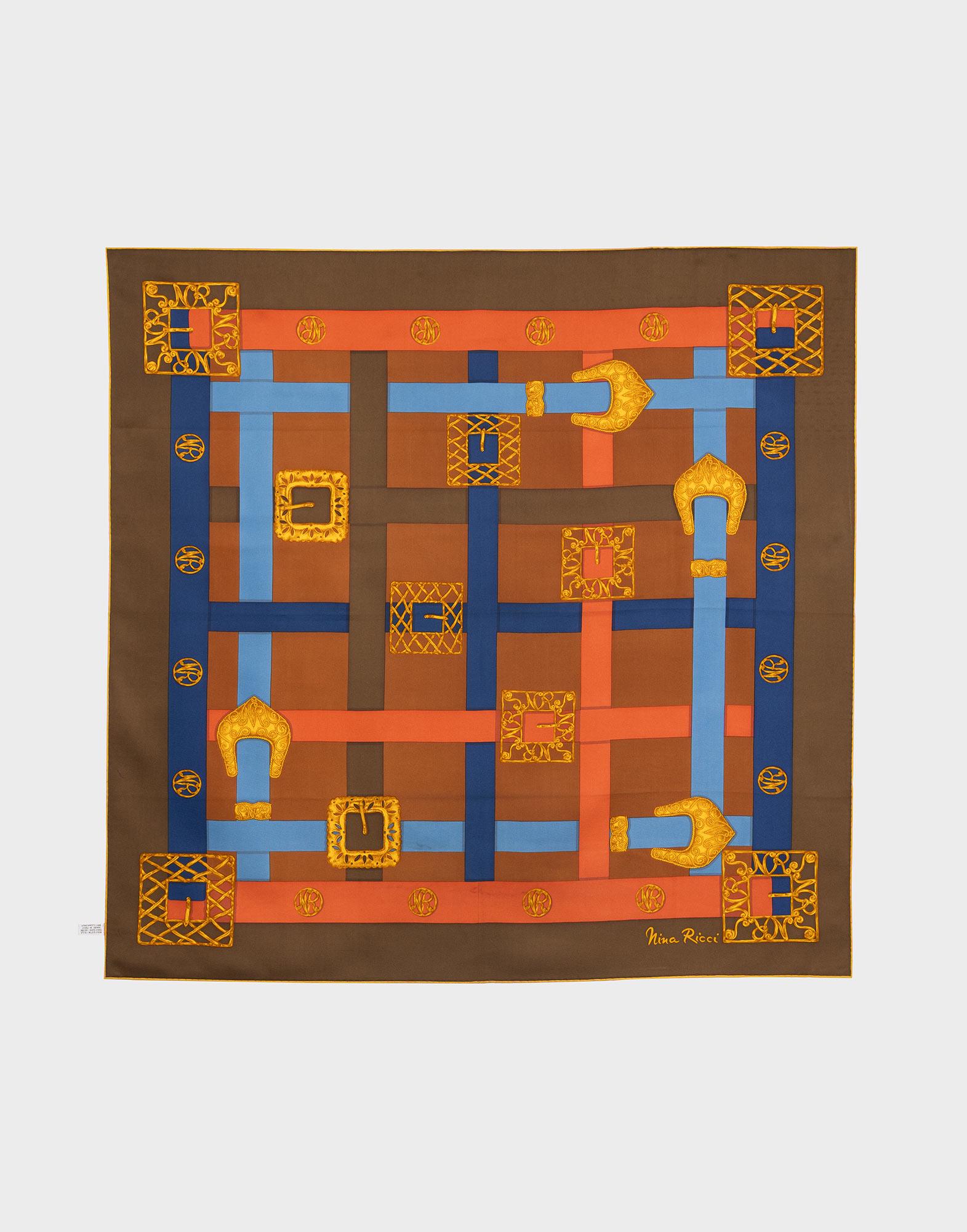 Foulard Carré Nina Ricci En Soie 100% - Vintage, 80x80 Cm, Marron