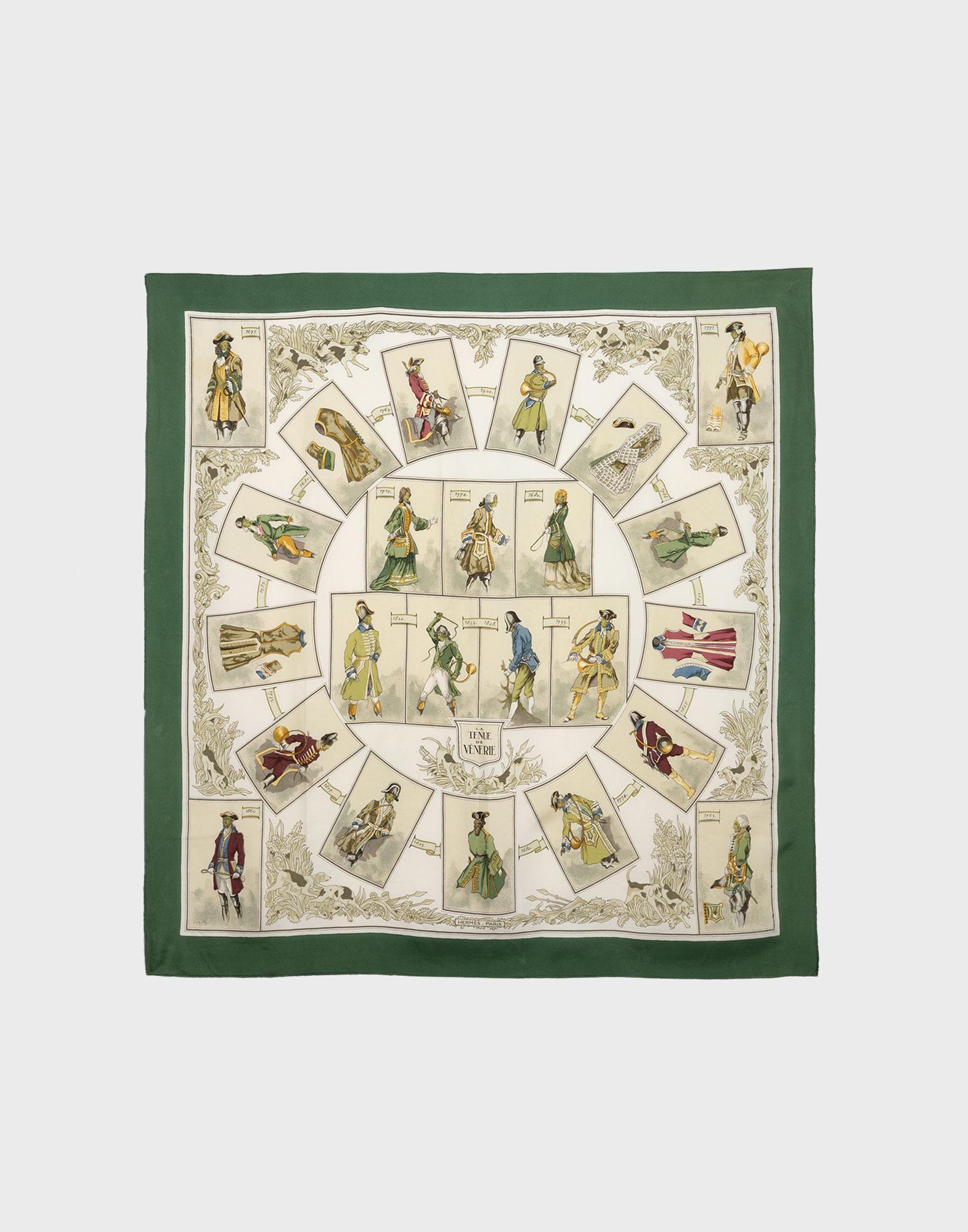 Foulard Hermès Vintage 'La Tenue De Vénerie' En Soie - Occasion, Motifs Multicolores