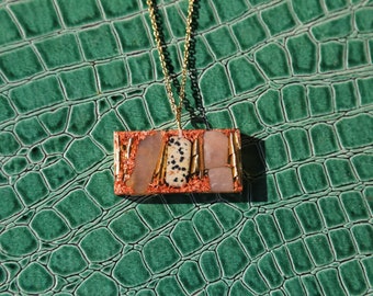 Rectangle Necklace, Dalmatian Jasper, Peach Moonstone, Crystal Pendant, Crystal Jewelry