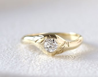 floral engraved gold ring with diamond, leaf engagement ring