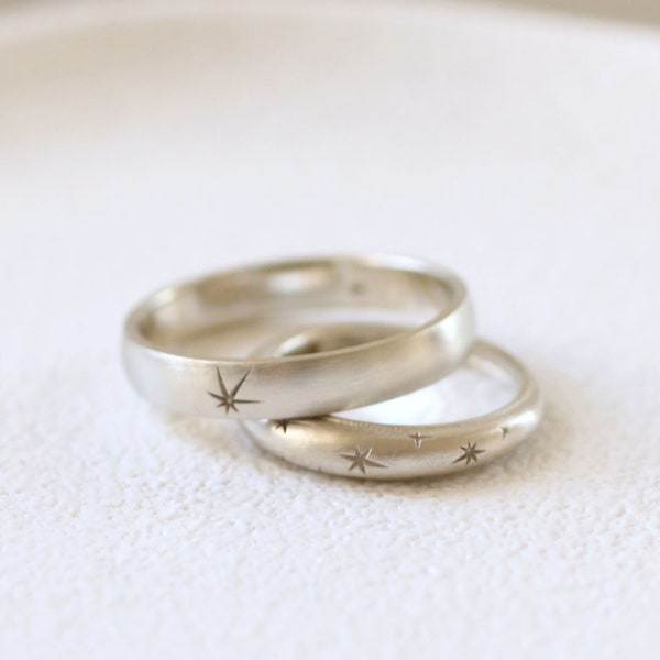 His And Hers White Gold Wedding bands, Matching wedding rings, White Gold Promise Rings, Star Ring, Solid Gold Ring, Unique Couple Rings
