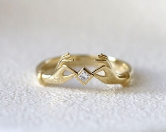 14k solid gold hand ring, diamond hand ring, alternative engagement ring, hand holding diamond, claddagh ring