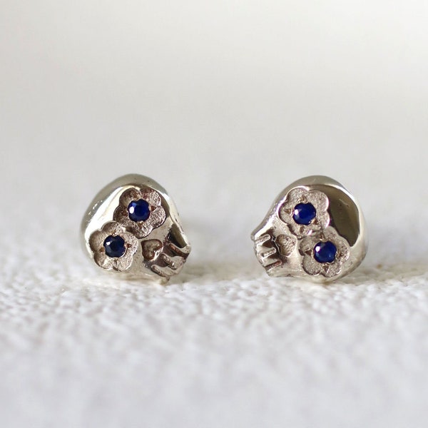 Sugar Skull Stud Earrings, Tiny Sapphire Earrings, white gold studs, Gothic Earrings, 14k Gold Skull, Dia De Los Muertos Earrings, Calavera