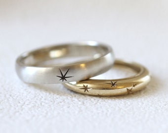 His And Hers Gold Wedding bands, Matching wedding rings, Gold Promise Rings, Star wedding Ring, Solid Gold Ring, Unique Couple Rings