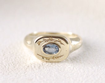 floral blue sapphire ring, sapphire signet ring, engraved engagement ring