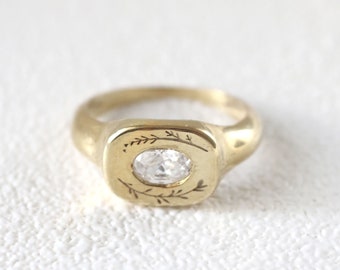gold floral signet ring with diamond, solid gold engagement ring, floral solitaire ring, engraved signet ring for her