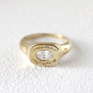 gold floral signet ring with diamond, solid gold engagement ring, floral solitaire ring, engraved signet ring for her
