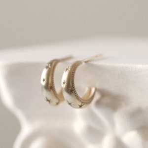 14k Gold Star Hoop Earrings, Solid Gold Celestial Hoops