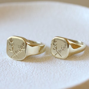 Matching signet rings, solid gold wedding bands, his and hers, floral couple rings
