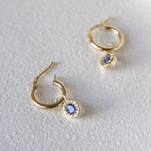 blue sapphire pendant hoop earrings in 14k solid gold image 1