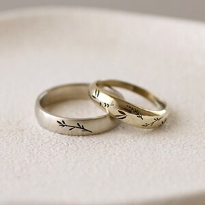 solid gold matching floral wedding rings, His and hers matching leaf engraved rings, cottagecore wedding