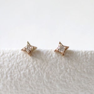 diamond star earrings, compass earrings, solid gold ,star stud earrings image 1