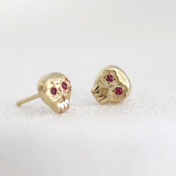 Gold Ruby Skull Earrings, Tiny Sugar Skull Earrings, Skull Studs With Rubies, Gothic Earrings, 14k Gold Skull, Dia De Los Muertos Earrings