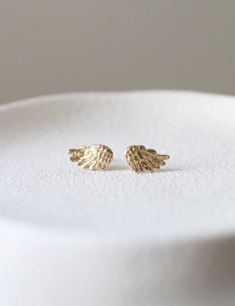 14K Gold Wing Earrings, Angel Wing Earrings, Wings Stud Earrings, 14K Gold Earring, Gold Feathers Earrings, Wing Post Earrings, Goth Earring image 1