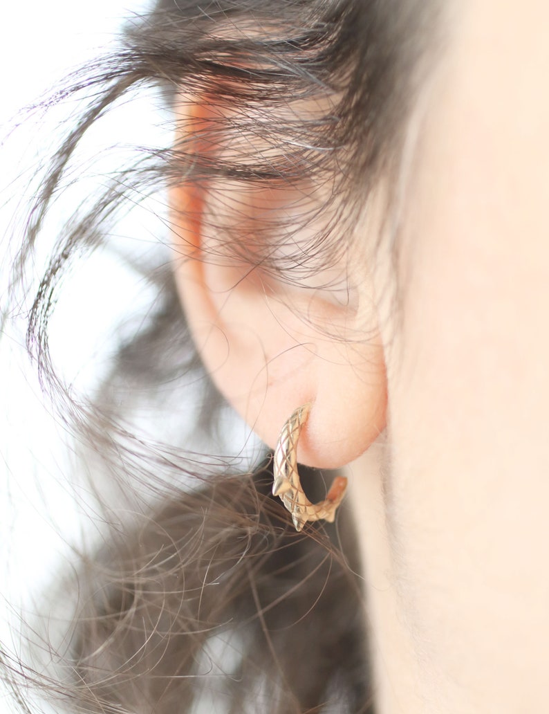 14k Gold Snake Earrings, Small Solid Gold Hoop Earrings, Tiny Dragon Earrings image 6