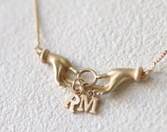 14k gold Initial necklace, hand pendant, holding hands, solid gold hand necklace