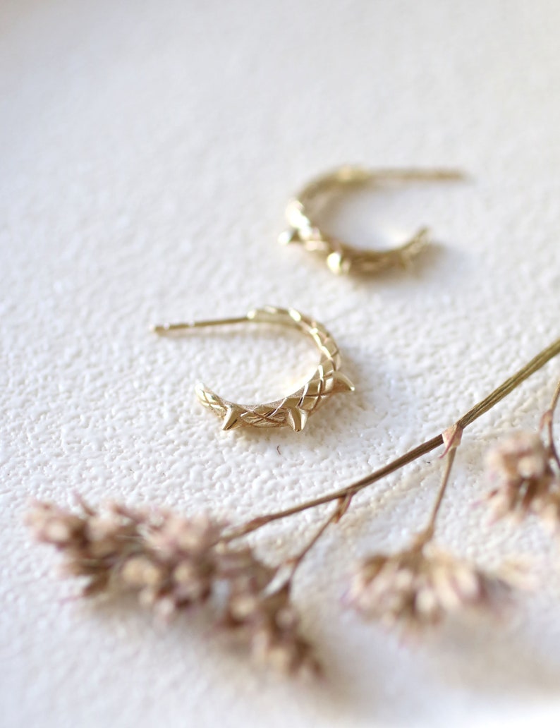 14k Gold Snake Earrings, Small Solid Gold Hoop Earrings, Tiny Dragon Earrings image 3