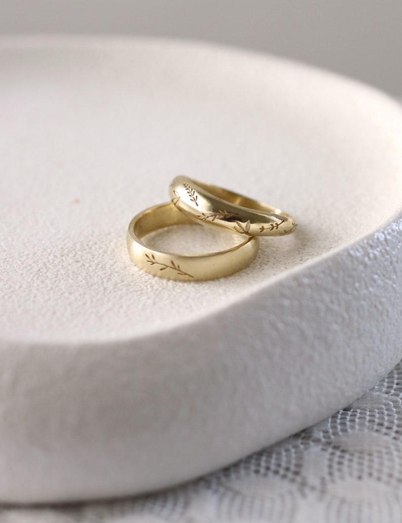 Solid Gold Matching Floral Wedding Rings, His and Hers Matching Leaf ...