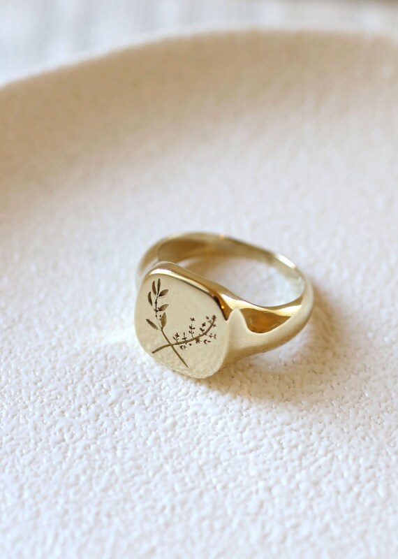 Gold Floral Signet Ring Solid Gold 