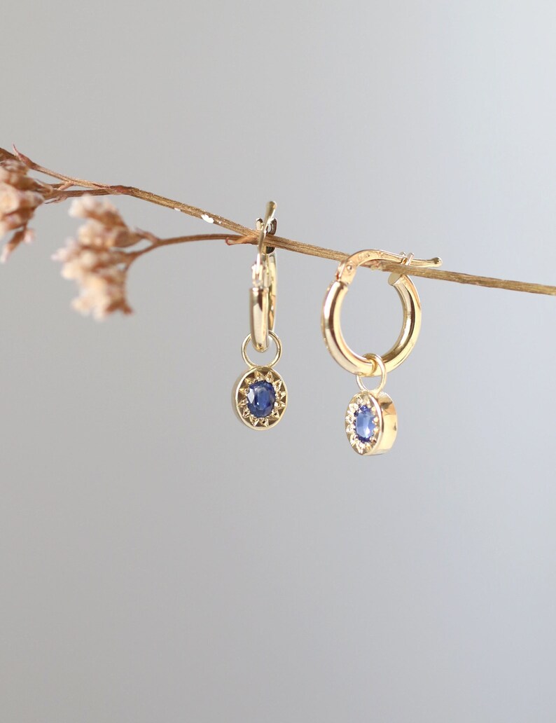 blue sapphire pendant hoop earrings in 14k solid gold image 3