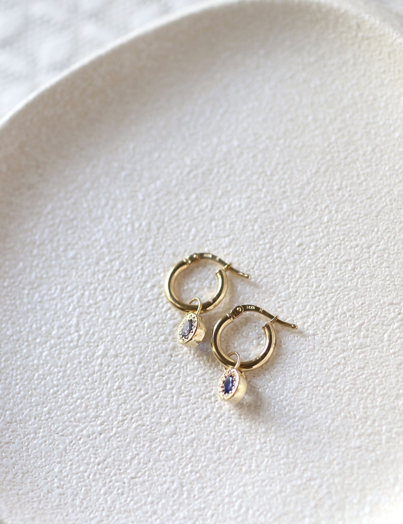 blue sapphire pendant hoop earrings in 14k solid gold image 2