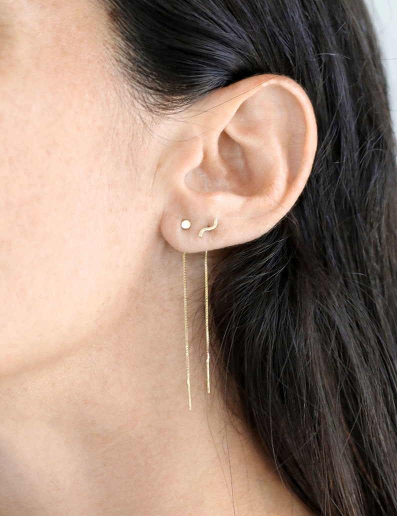 solid gold minimalist threader earrings, mix and match chain earrings image 8