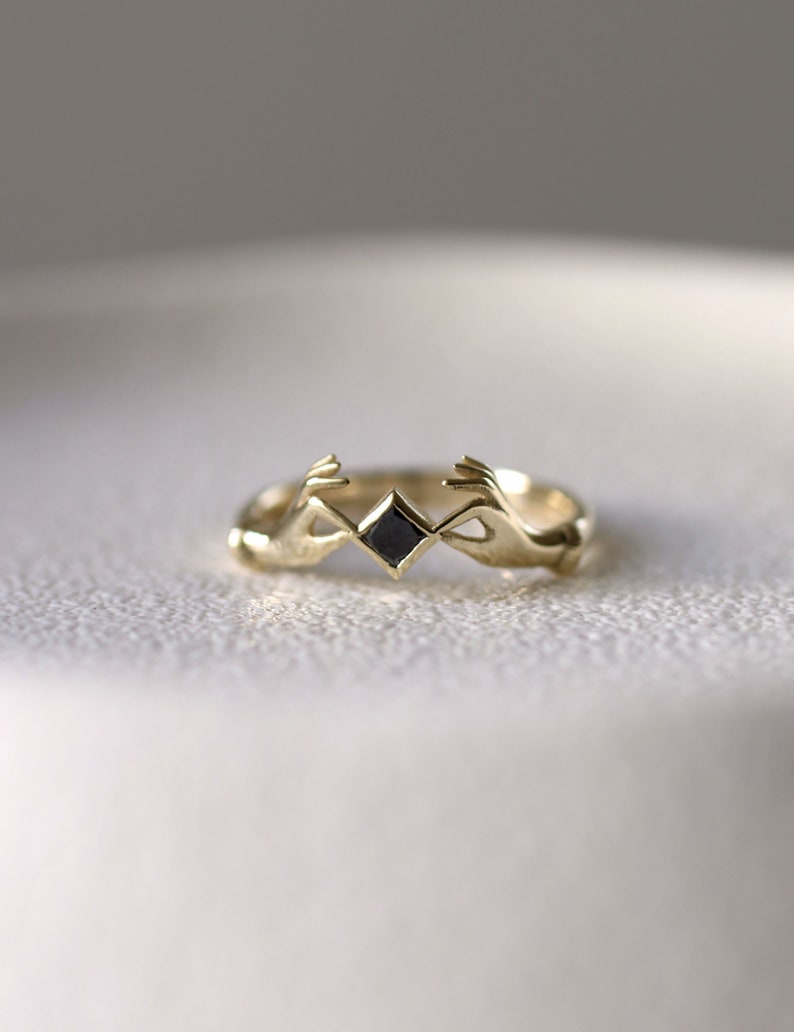 14k solid gold hand ring, black diamond hand ring, alternative engagement ring, hand holding diamond, claddagh ring image 1