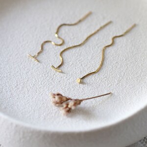 solid gold minimalist threader earrings, mix and match chain earrings image 3